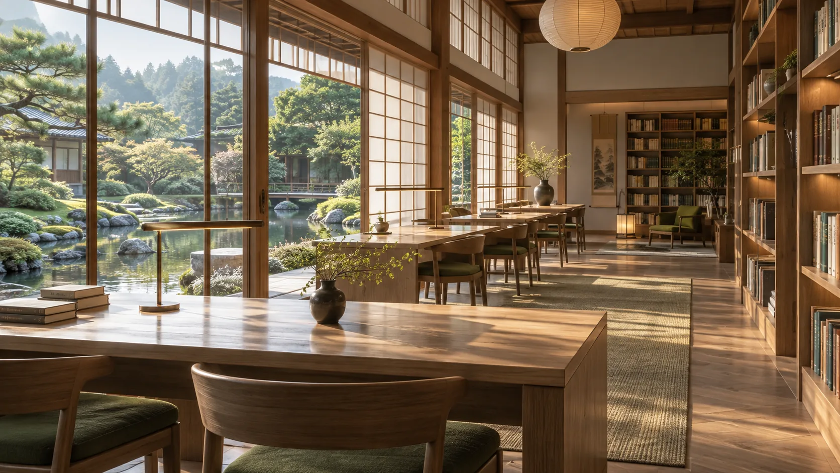 Illustrated Kyoto study room with warm wood, books, garden views, and soft afternoon light