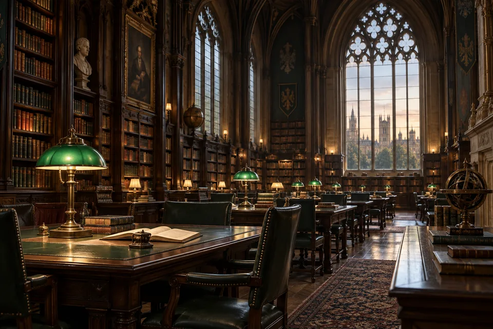 Imagined London library with book-lined shelves and old-world details