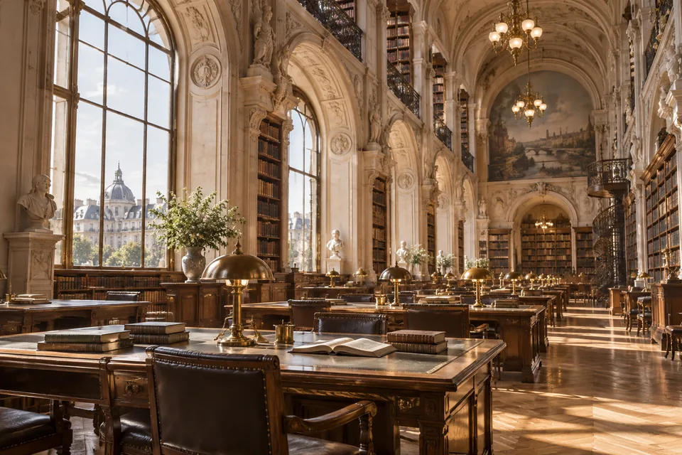 Imagined Paris reading room with classic arches and warm lamps